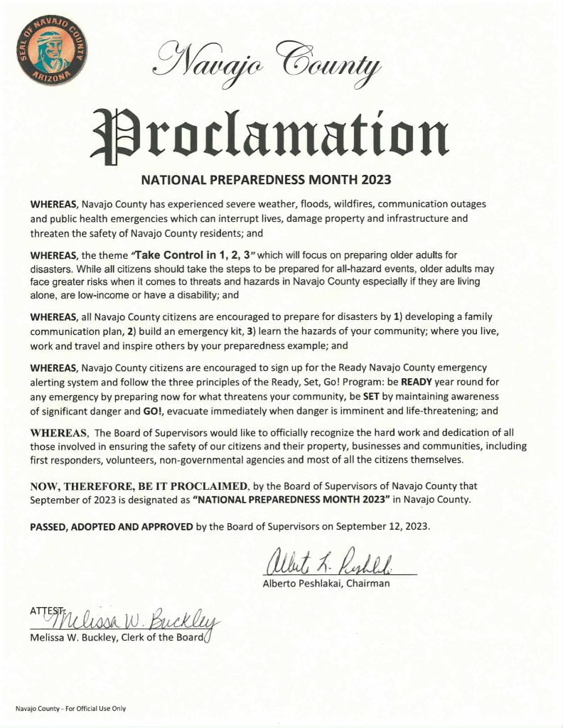 Navajo County Proclamation Sets September For National Preparedness