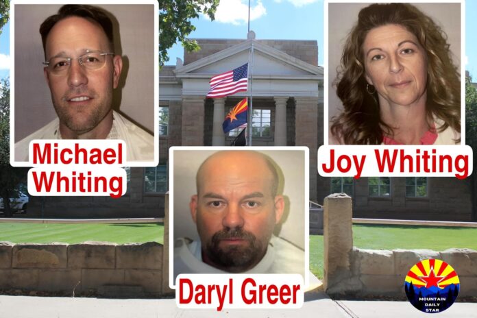 Mugshots of Michael, Joy Whiting and Daryl Greer, curtesy of Apache County Sheriff's Office-Apache County Court House.