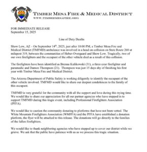 Two Timber Mesa firefighters have been identified Show Low- Two Timber Mesa Fire & Medical Firefighters killed in the collision on SR-260 have been identified.  Timber Mesa Statement MOUNTAIN DAILY STAR
