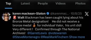 Lawmaker files defamation suit after posts question Bronze Star NAVAJO COUNTY, Ariz. — LD7 State Rep. Walt Blackman has filed a defamation lawsuit in Navajo County Superior Court after a series of social media posts accused him of falsely claiming receipt of an individual Bronze Star Medal with a "V" Device. Records indicate the defendants were served with the lawsuit on Jan.2. 7f170500 bf11 431d 81dd 221b55caa6fc MOUNTAIN DAILY STAR