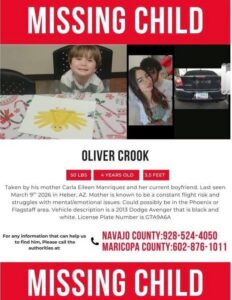 Local Father Turns to Public for Help Finding Missing Son HEBER-OVERGAARD — More than two months after 4-year-old Oliver Crook was reportedly last seen, his father, Jaylen Crook, continues searching for him. Court records reviewed by Mountain Daily Star indicate concerns that Oliver may be in danger and is being withheld in violation of court orders. Crook has sought assistance from law enforcement, the courts, and the public in hopes of locating and reuniting with his son. missing Oliver MOUNTAIN DAILY STAR
